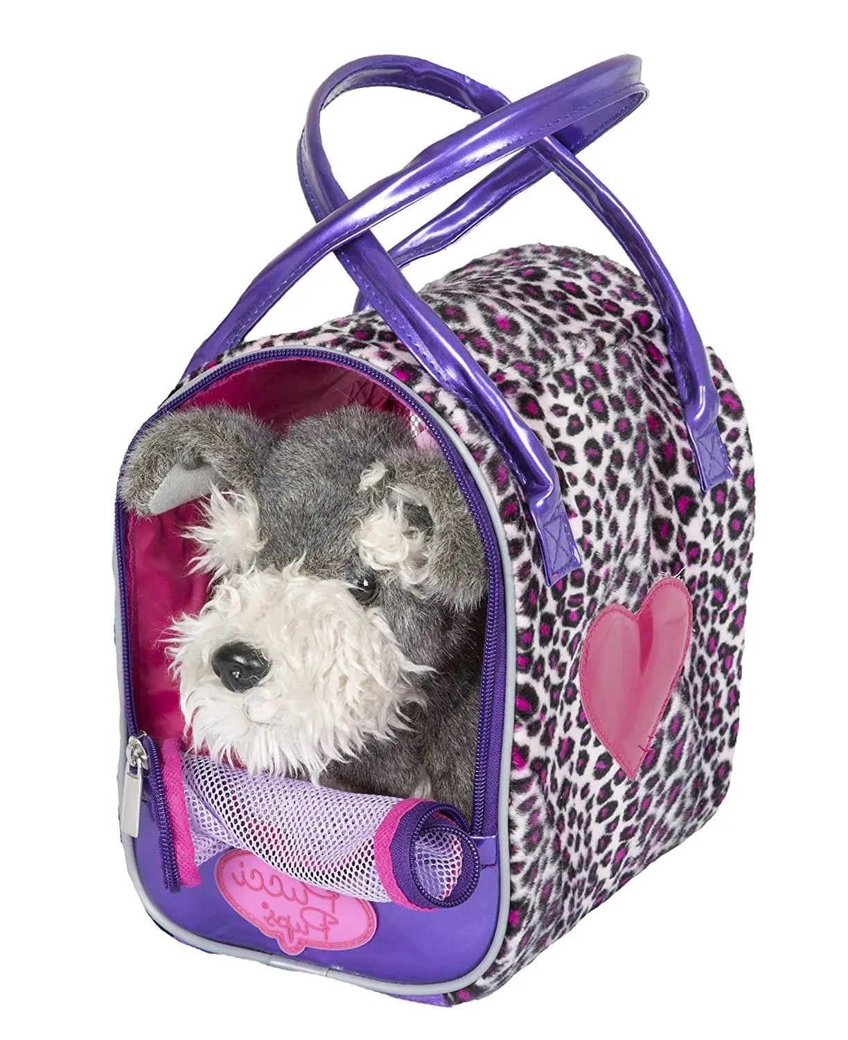 pucci pups pink and white plush bag and schnauzer