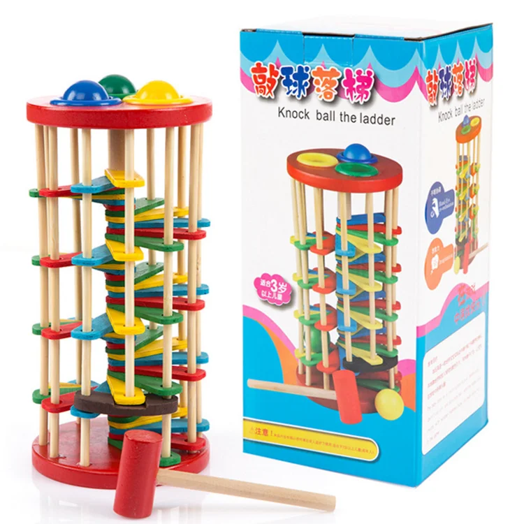 Wooden Tower with Hammer Toy Knock The Balls Roll Off Ladder Pound and Roll SG 