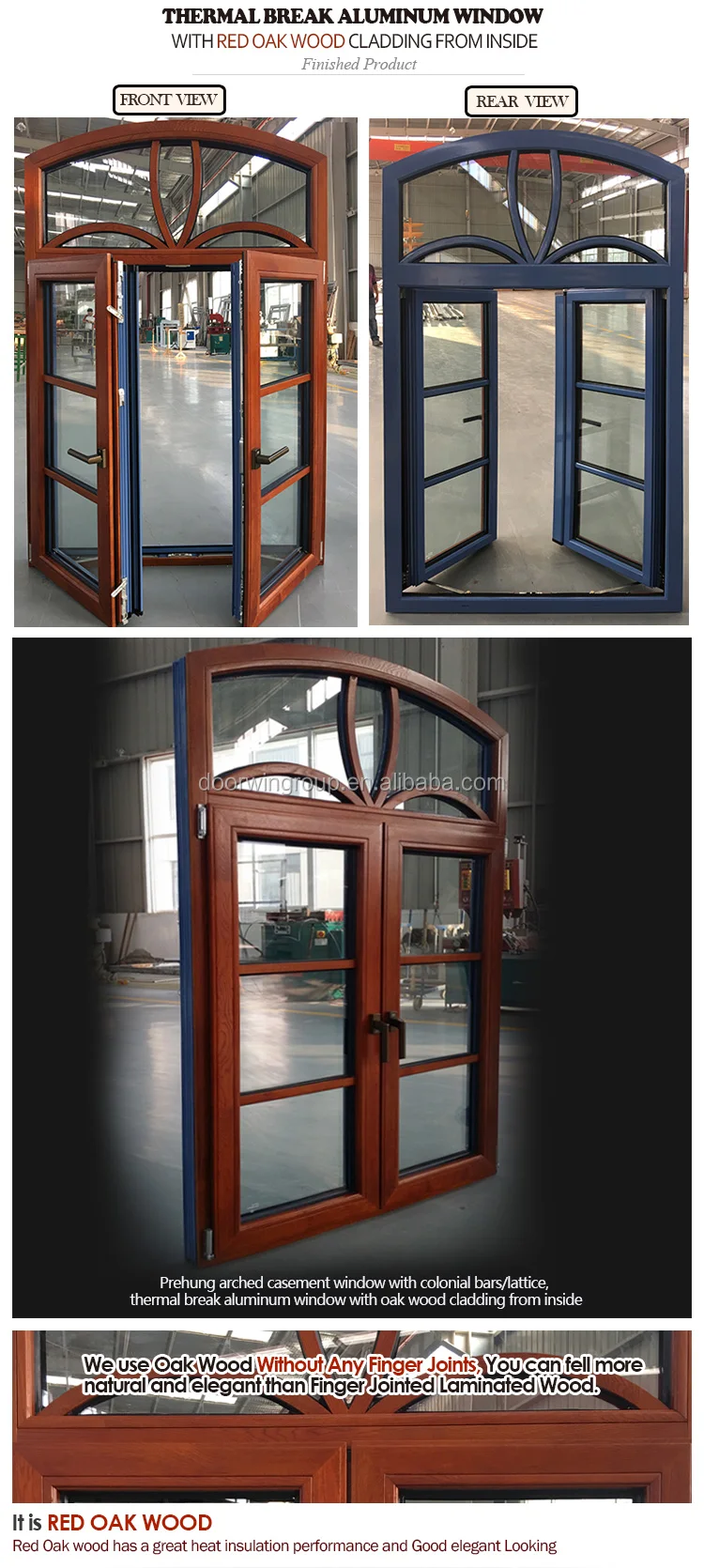 Large glass triple glazed american red oak wood arched top spanish style window