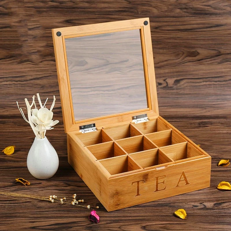 Custom Bamboo Wooden Tea Packing Box 9 Grids Compartments Tea Bag Gift