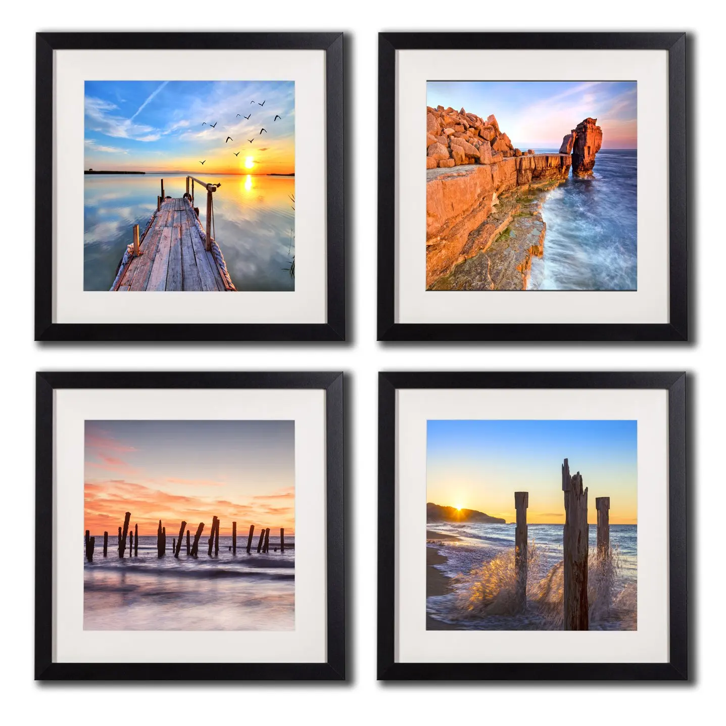 Seascape Canvas Prints Wall Art Photos Printed On Canvas Sunrise Paintings Beach Sunset Decor Seaview Artwork Poster Sea Pictures 4 Piece Black Frame White Matte Colorful Wall Decor Home Decorations