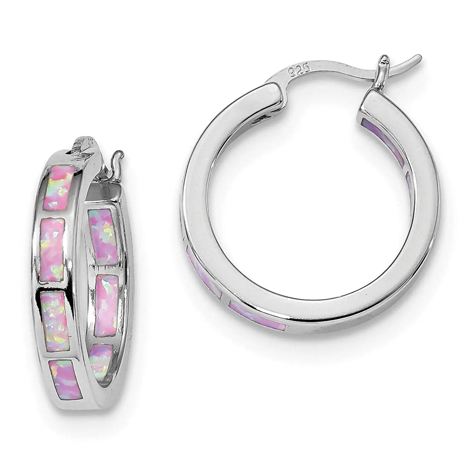.925 Sterling Silver Rhodium-plated Pink Created-opal In & Out Hoop Earrings