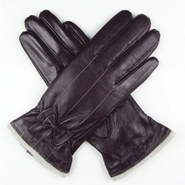 women high quality cashemre lining purple leather glove with bow