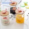Kuwait best selling daily necessities products 3d Flamingo creative glass cup with lid office summer tea mug