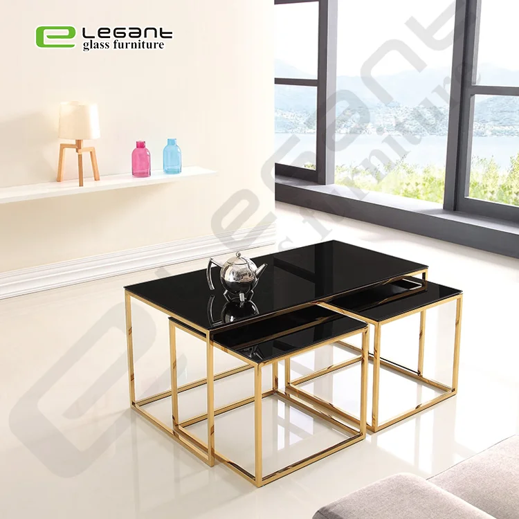 Living Room Glass Furniture Tempered Glass Coffee Table Set With Stainless Steel Frame