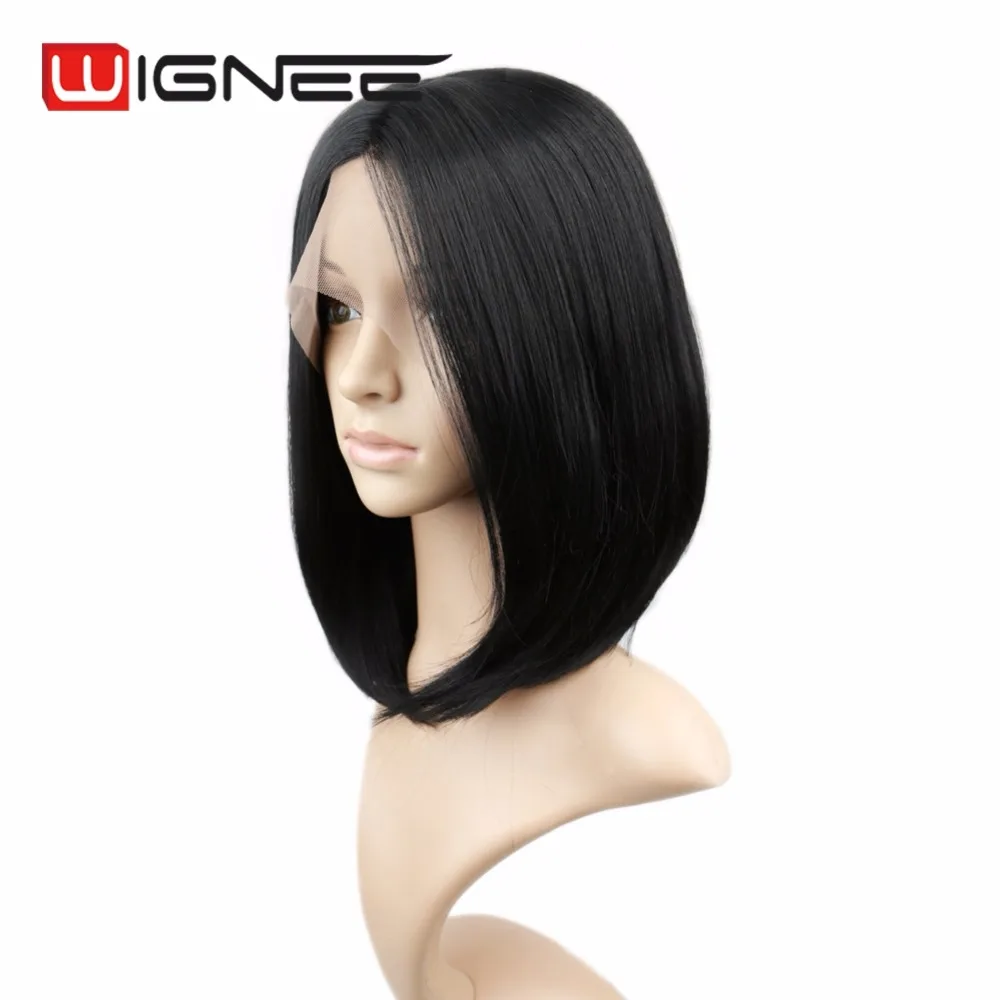 Hitam Renda Depan Wig Tahan Panas Serat Sintetis Rambut Bob Wig