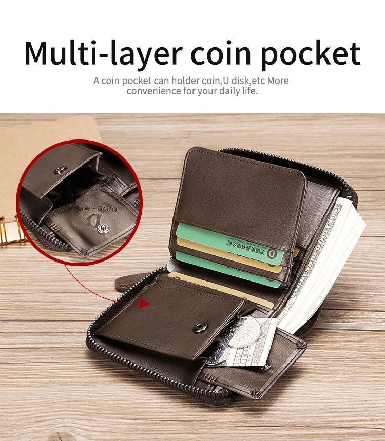 DIDE Key Case Short Zipper Custom Genuine Cowhide Leather Wallet Leather Mens Wallet With Card Holder