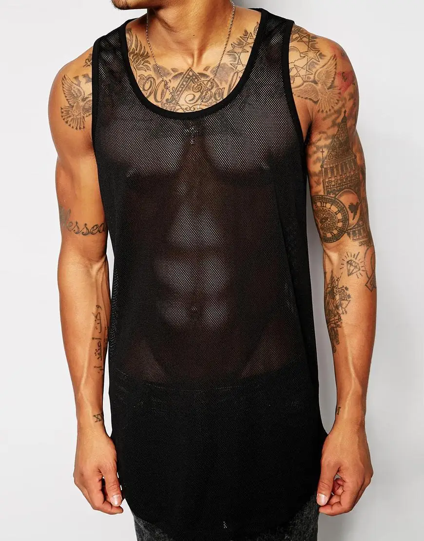 2016 High Quality Black Color Mesh Tank Top Sheer Men Wholesale Bulk