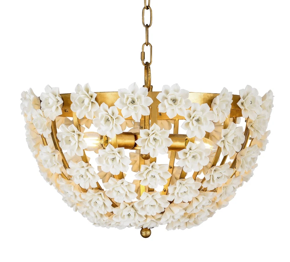 Romantic Modern 3 Lights Ceramic Flower Antique Gold Silver Pendant