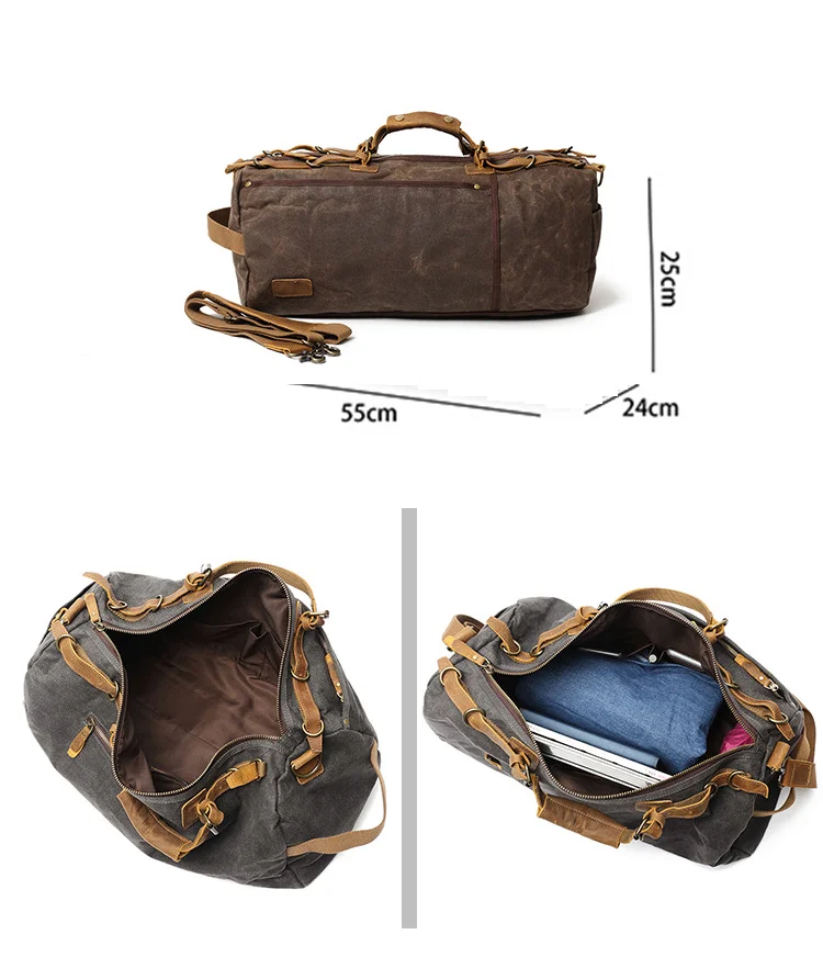 New Vintage Duffle Bag Waxed Canvas Travel Bag With Leather Trimming / New Design Cotton Fabric ...