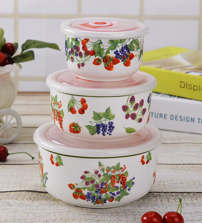 3 Pack Ceramic Porcelain Round Fresh Bowl Storage Bowl With Plastic Lid