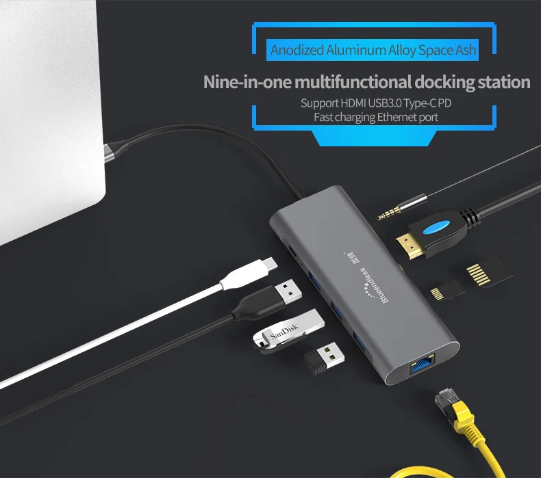 Blueendless BS HC901 Special Design 9 in 1 Mutil Function usb 3.0 hub Type-C Data USB HUB wholesale OEM Accepted - ANKUX.COM