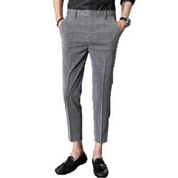 Korean Style Slim Gery Square Men Suit Pants For Businessman Trousers ...