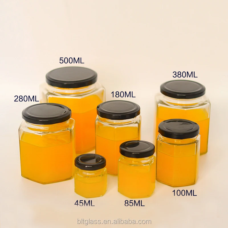 Empty Hexagon Glass Jam Jar 45 85 100 180 280 380 730ml Honey Jar Glass With Twist Off Golden