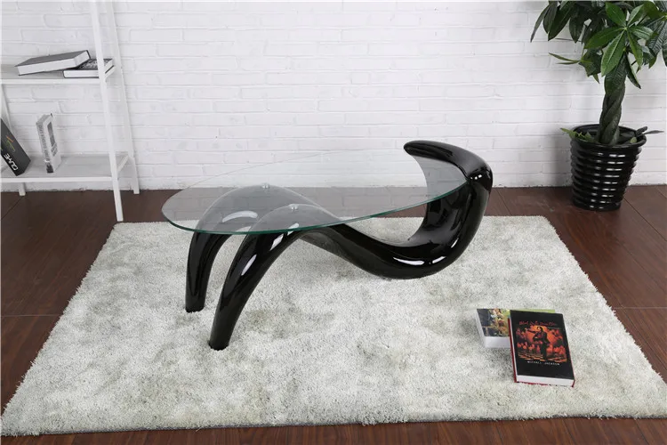 Modern Tempered Glass Top S Shape Fiberglass Frame Coffee Table End Table