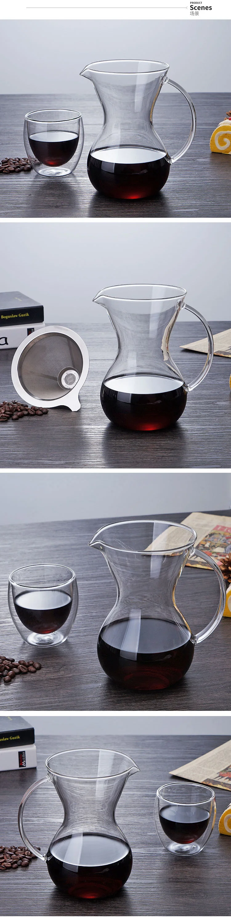 Convenient cleaning glass pour over coffee maker set with high drip coffee filter