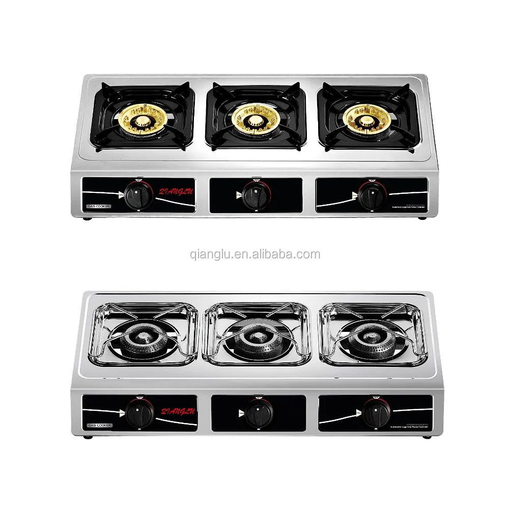 Stainless Steel Body Three Burner Gas Stove Household Gas Cooker