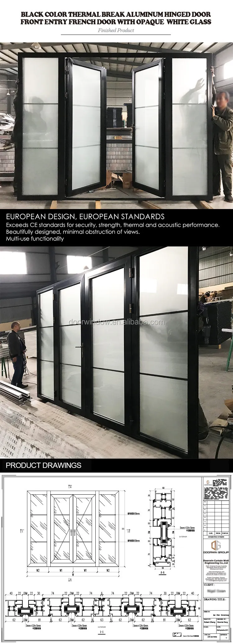 Black powder coated Color frosted tempered glass insert Thermal Break Aluminum hinged French door aluminum profile door