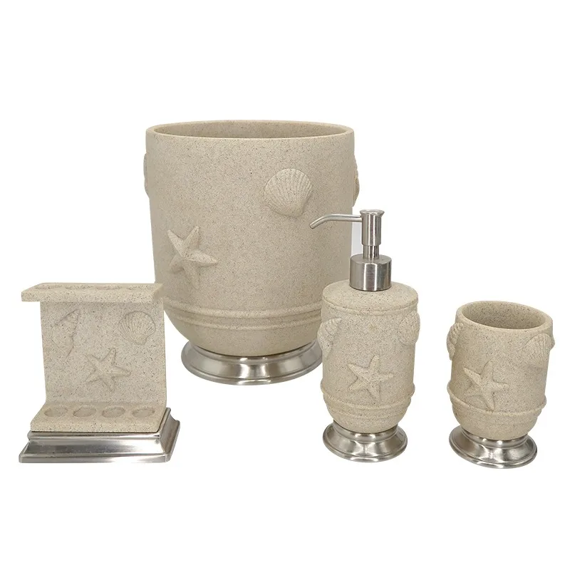 4 Pcs Beige Soap Dispenser Toilet Brush Holder Bathroom Accessories In