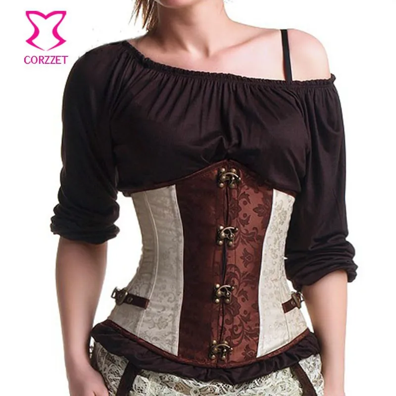 Steel Boned Waist Training Underbust Corset Brown/beige Brocade
