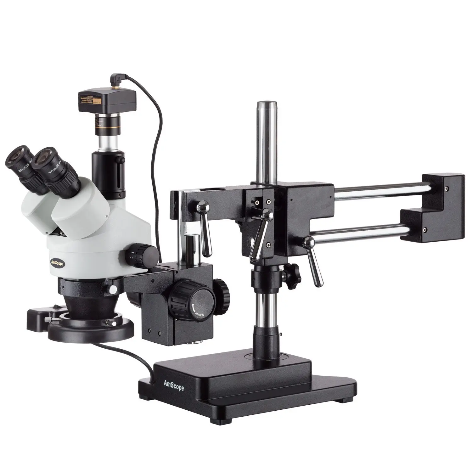 0.7X-4.5X Zoom Objective 110V-240V WH10x and WH20x Eyepieces Includes 0.5x and 2.0x Barlow Lens 3.5X-180X Magnification AmScope SM-8TZZ-FOR-10M Digital Professional Trinocular Stereo Zoom Microscope Fiber-Optic Ring Light Articulating-Arm Boom Stand