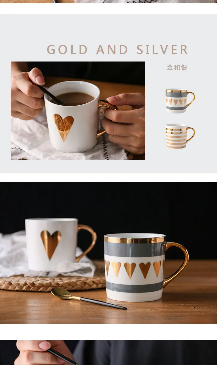 Custom ceramic milk mug 300ml porcelain coffee cup with gold rim gold letter alphabet