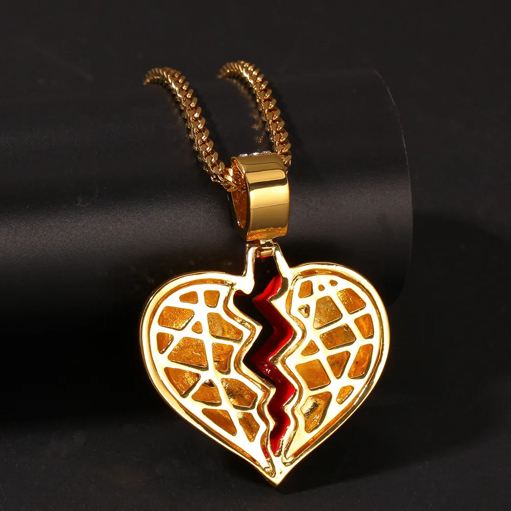 New Broken Heart Pendant Necklace Gold Silver Color Zirconia Hip Hop Necklace With Rope Chain