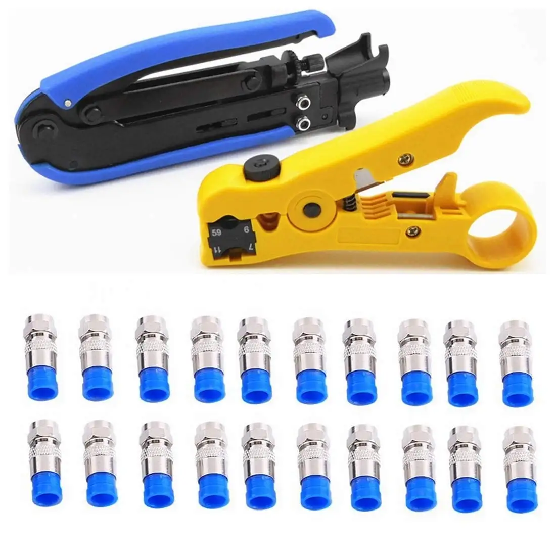 Yankok Coaxial Cable Crimper Wire Stripper Cutter with 20 Pcs F Connector Kit For RG59 RG11 RG7 RG6 75-5 75-7 4P 6P 8P UTP STP Round & Flat Network Cable 3.2-9.0mm Multi-transmission Cable