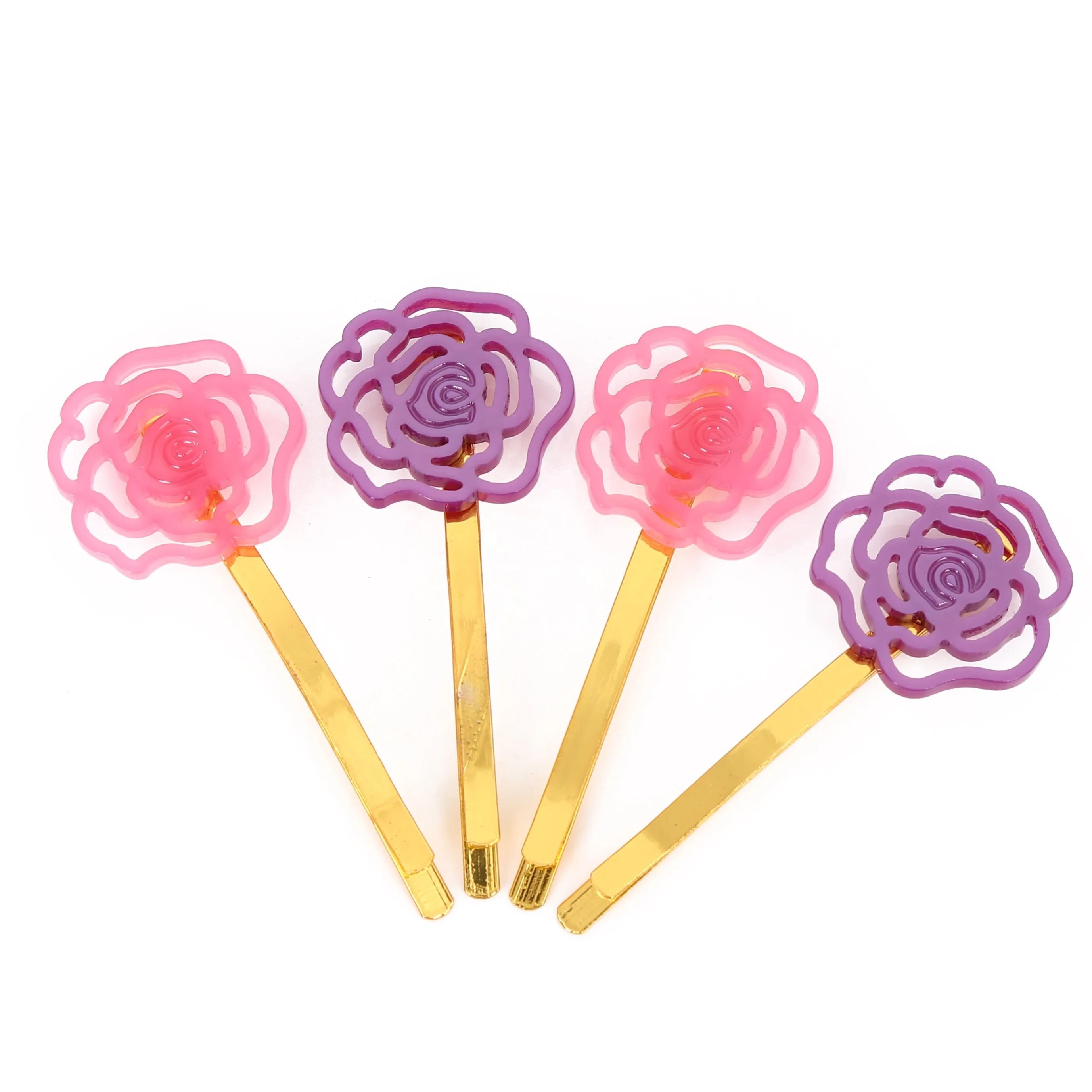 acetate Simple style pink rose hair clip Golden rose metal  hair pin for girl