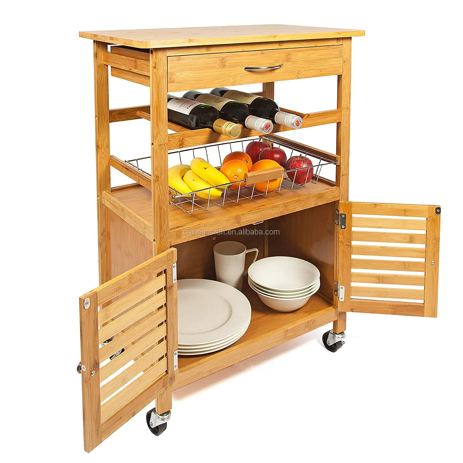 bamboo <strong>kitchen</strong> trolley cart with drawer,wire basket, cabinet &