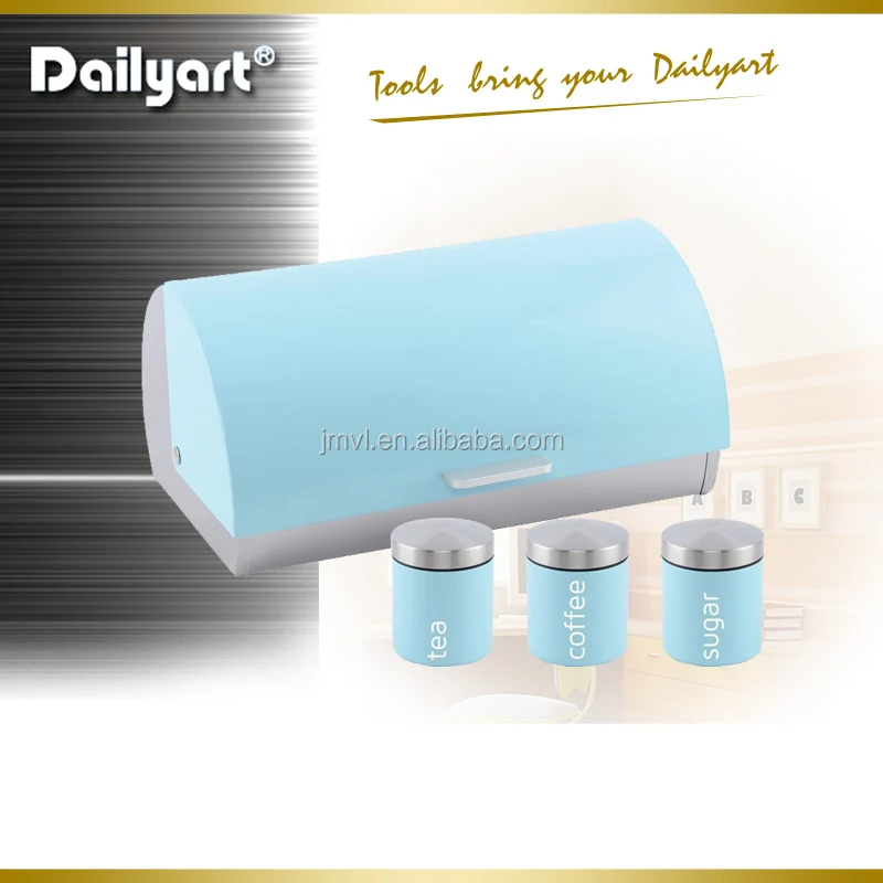 Pink or Mint Green Light Blue Tea and Sugar Canisters Set Roll Top Bread Bin and 3 Coffee Stainless Steel in 3 Fresh Colours Light Blue 