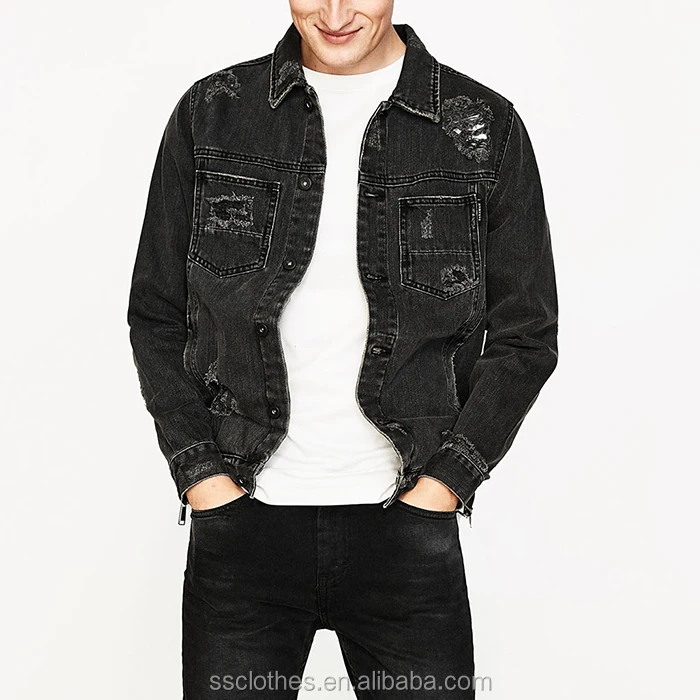 men ripped solid denim jacket