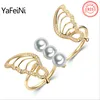 Pure 925 sterling silver thin band two finger rings butterfly pave CZ diamond engagement pearl ring mountings,