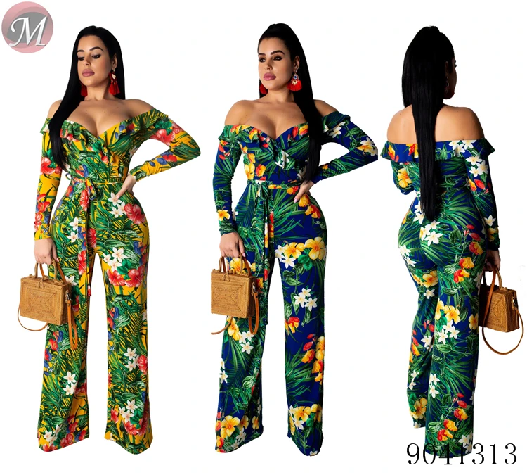 9041313 Off shoulder floral printed wide leg jumpsuit women