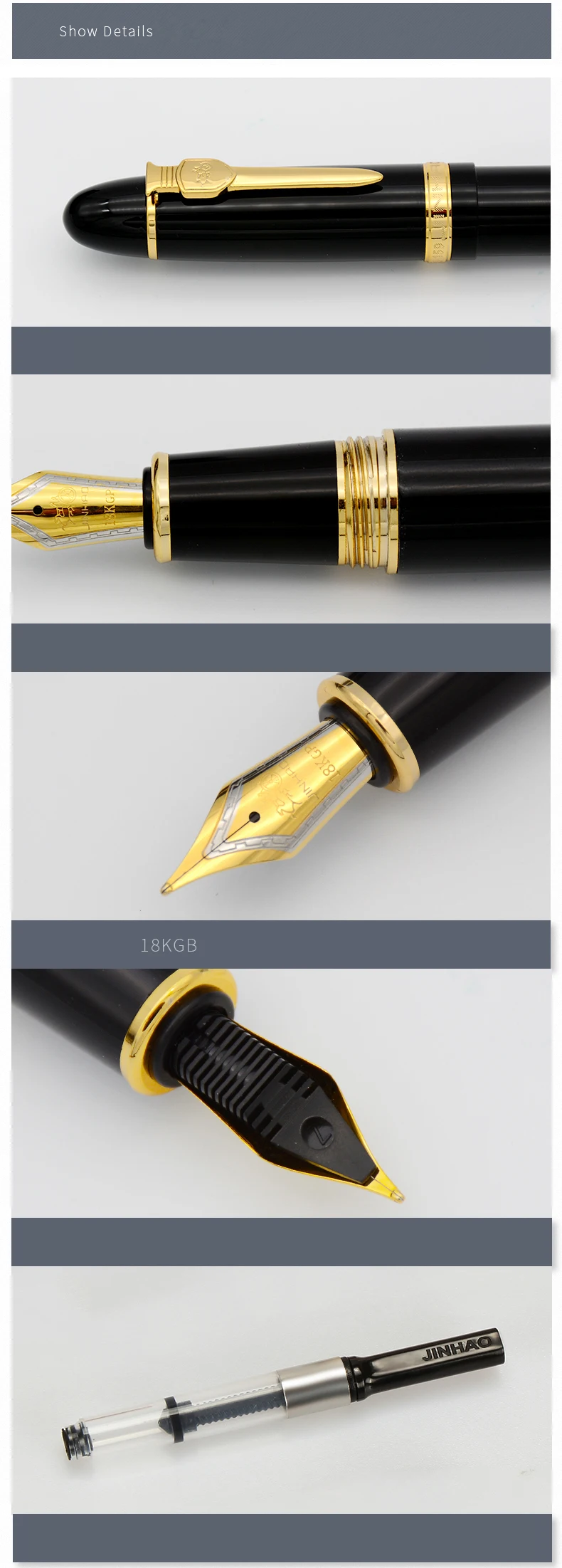 Jinhao 159 Black Lacquered Medium Nib Heavy Fountain Pen Gold Trim Office Pens 