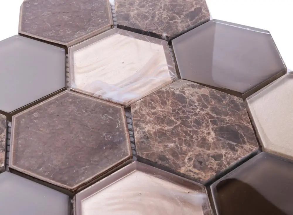 light emperador hexagon marble mosaic tile sheet high quality glass mix marble stone hexagonal shape mosaic tile