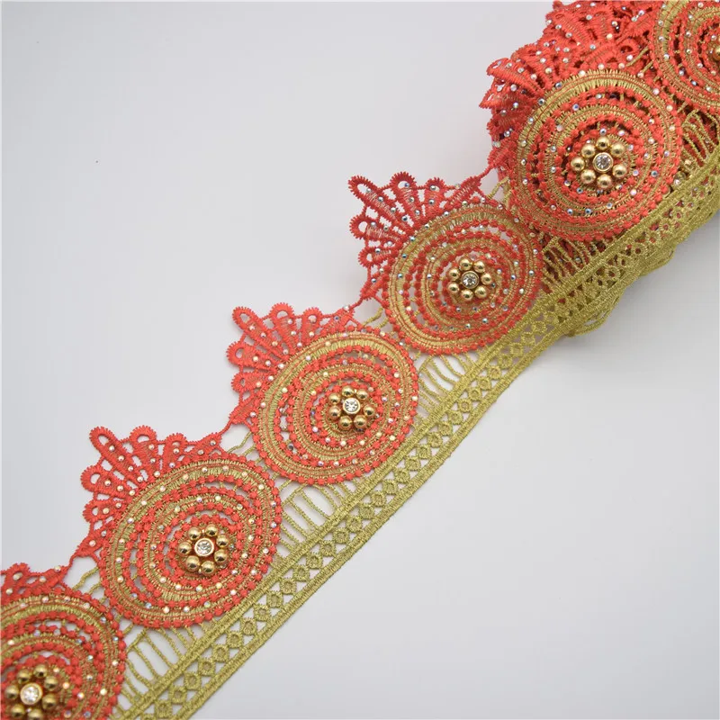 Beaded Sequin Rhinestones Floral Embroidered Lace Fabric Ribbon Trim Crochet Guipure Applique Motif for Wedding Dress