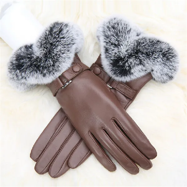 women /ladies classic elegant sheepskin leather gloves with rabbit fur
