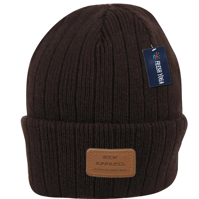 Custom Knitted Beanies With Leather Label Beanies Leather Patch Brown