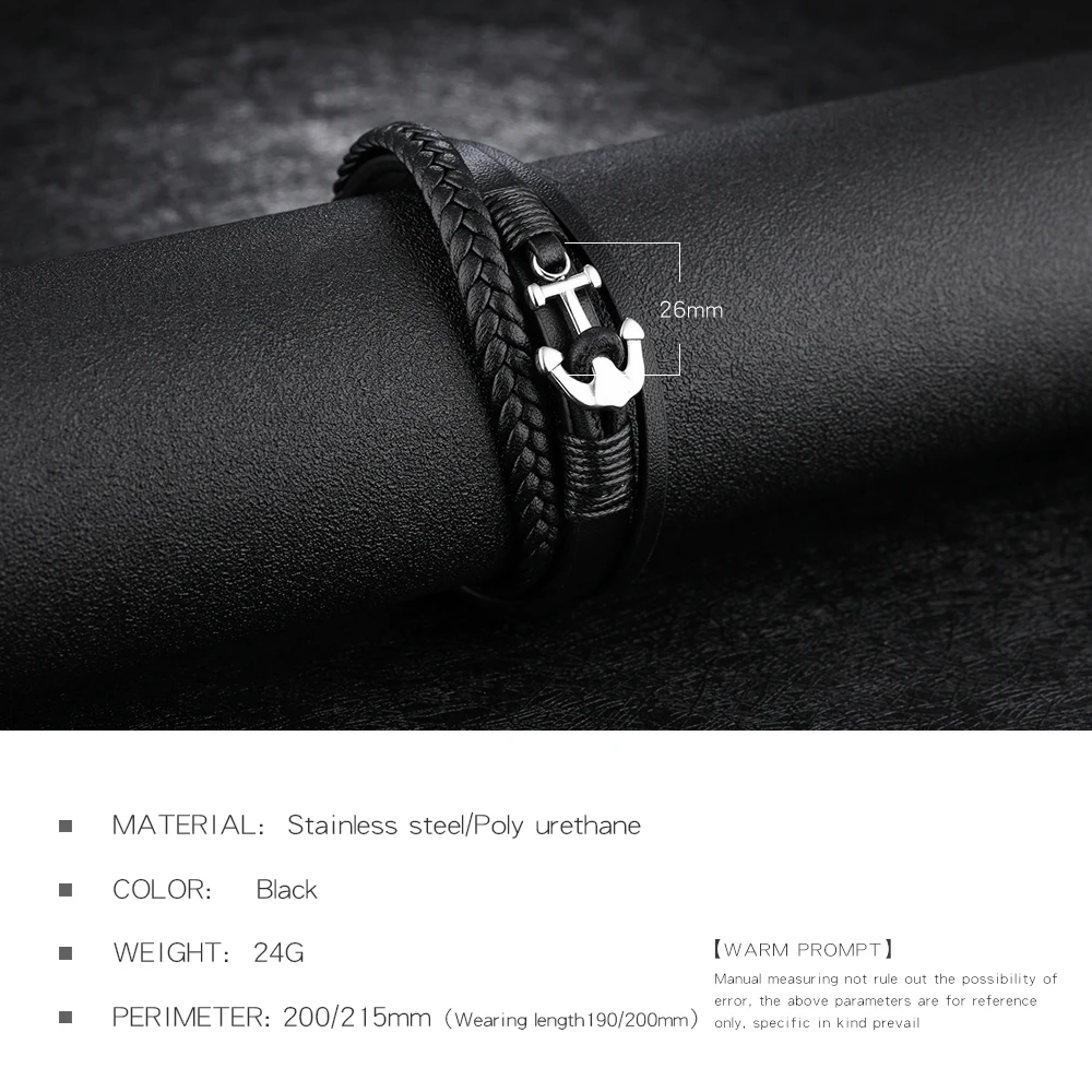 China Wholesale Braided Wrap Leather Mens Black Anchor Bracelet
