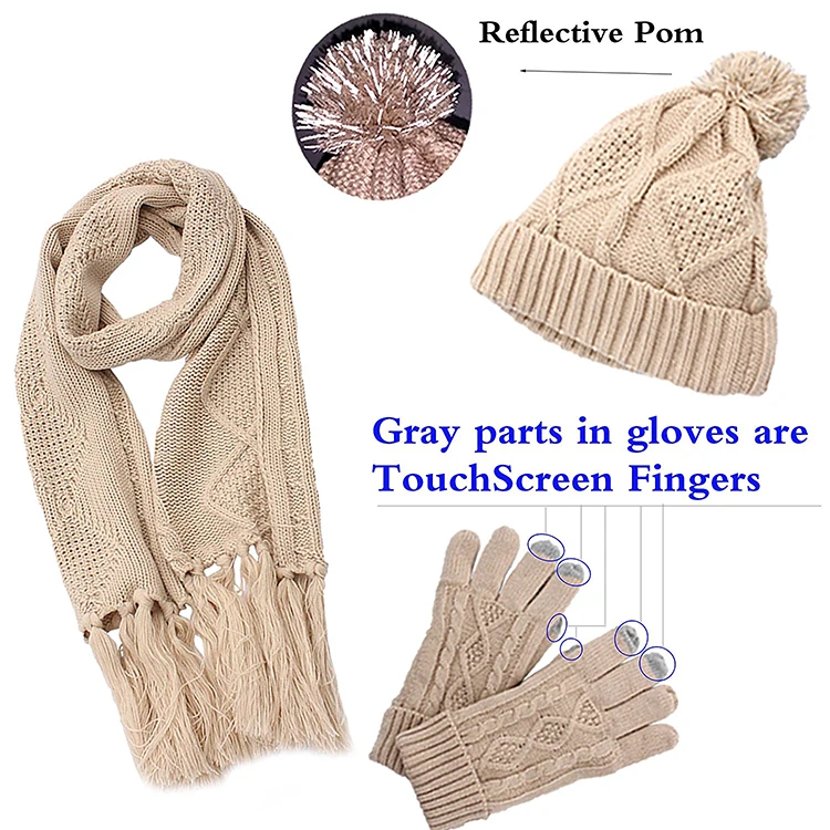 Women Scarf & Glove Set Knitted Snowflake Detail Matching Cap Gloves