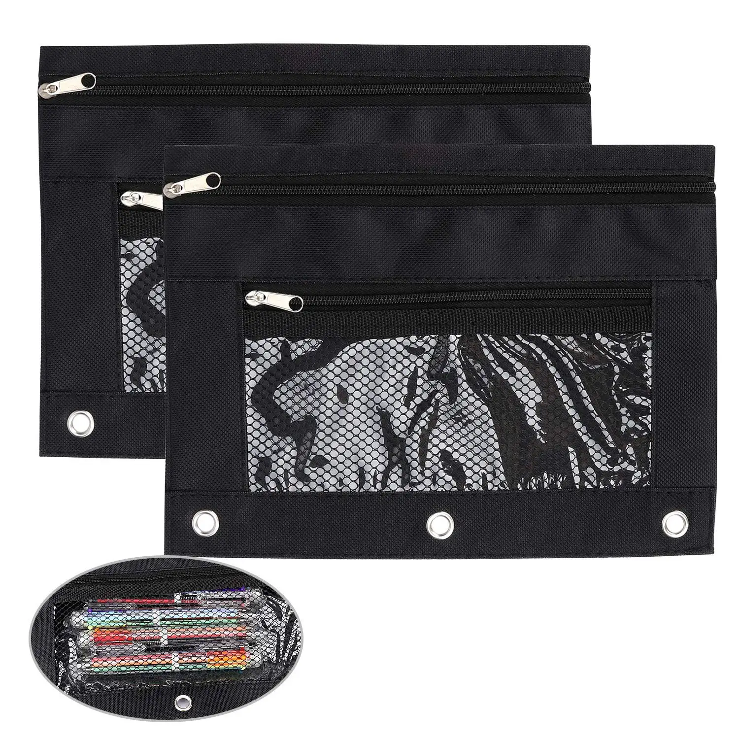 CIEHER 3-Ring Pencil Pouch with a Mesh Window Zipper Pencil Case with Mesh Window 6 Pieces per Set Black