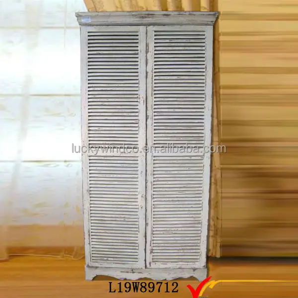 Wooden Distressed White Shutter Doors Closet Wardrobe Cabinet