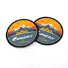 Hook and Loop Backing Custom Machine Weaving Novelty Mountain Logo Woven Clothes Patch Labels with Merrow Border
