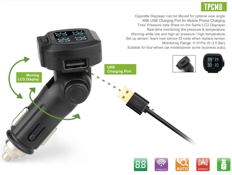 Car Wireless Tire Pressure Monitoring System Cigarette Lighter TPMS with USB Charging & Display Swivels for Optimal Position