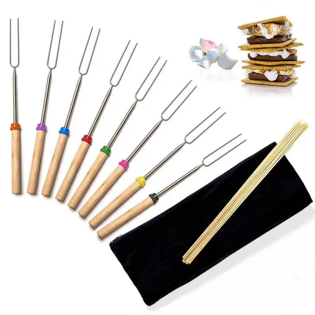 Smores Marshmallow Roasting Sticks - Aoduoer Camping Stainless Steel Roasting Sticks Hot Dog Smores Skewers for Camp Campfire Barbecue, 8 Piece Telescoping BBQ Forks, Free Storage Bag, Safe For Kids
