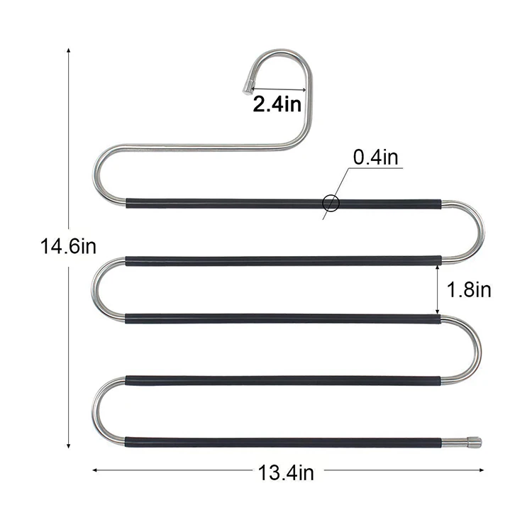 
Multi Non-Slip Space Saving S-Shape 5 Layers Stainless Steel Jeans Pants Scarf Organizer Hanger with Black Silicone Coating 