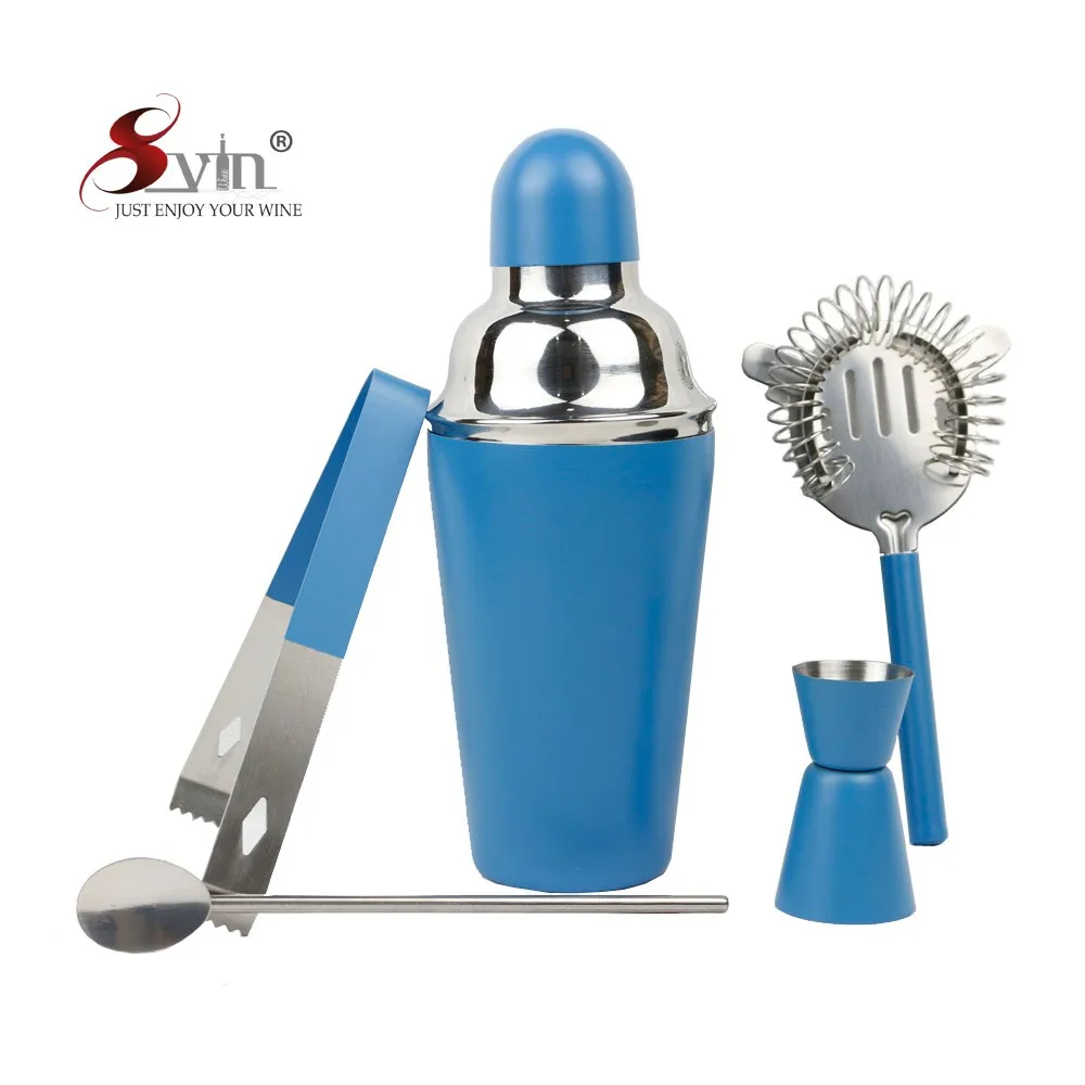 2018 Amazon New Design Blue Color Painted Cocktail Shaker and Bar Tool Set with 5 Pieces Set