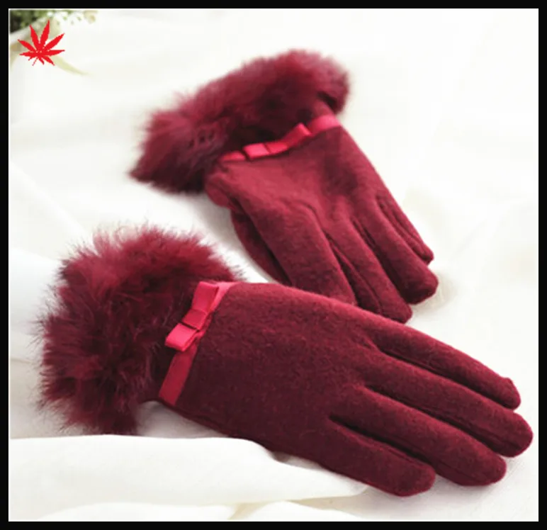 2016 the most popular lady red woolen gloves with bowknot and rabbit Fur