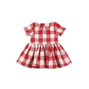 Adorable Kids Frock Clothes Summer Ruffled Red And White Linen Plaid Mini Girls Dresses